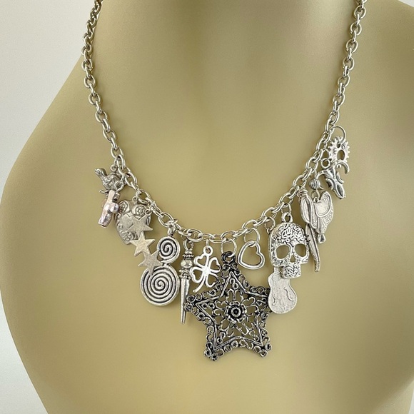 Artisan Jewelry - Western Charm Necklace, Handmade, Chunky, Funky, Stars, Skull, Antiqued Silver